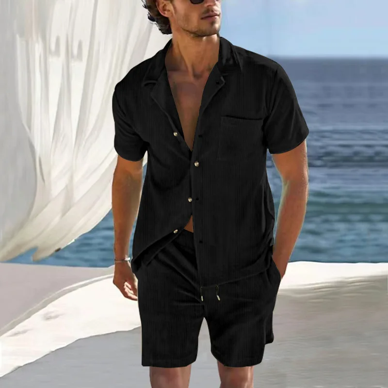 2024 European and American men\'s new casual and comfortable button-down lapel shirt short-sleeved shorts suit