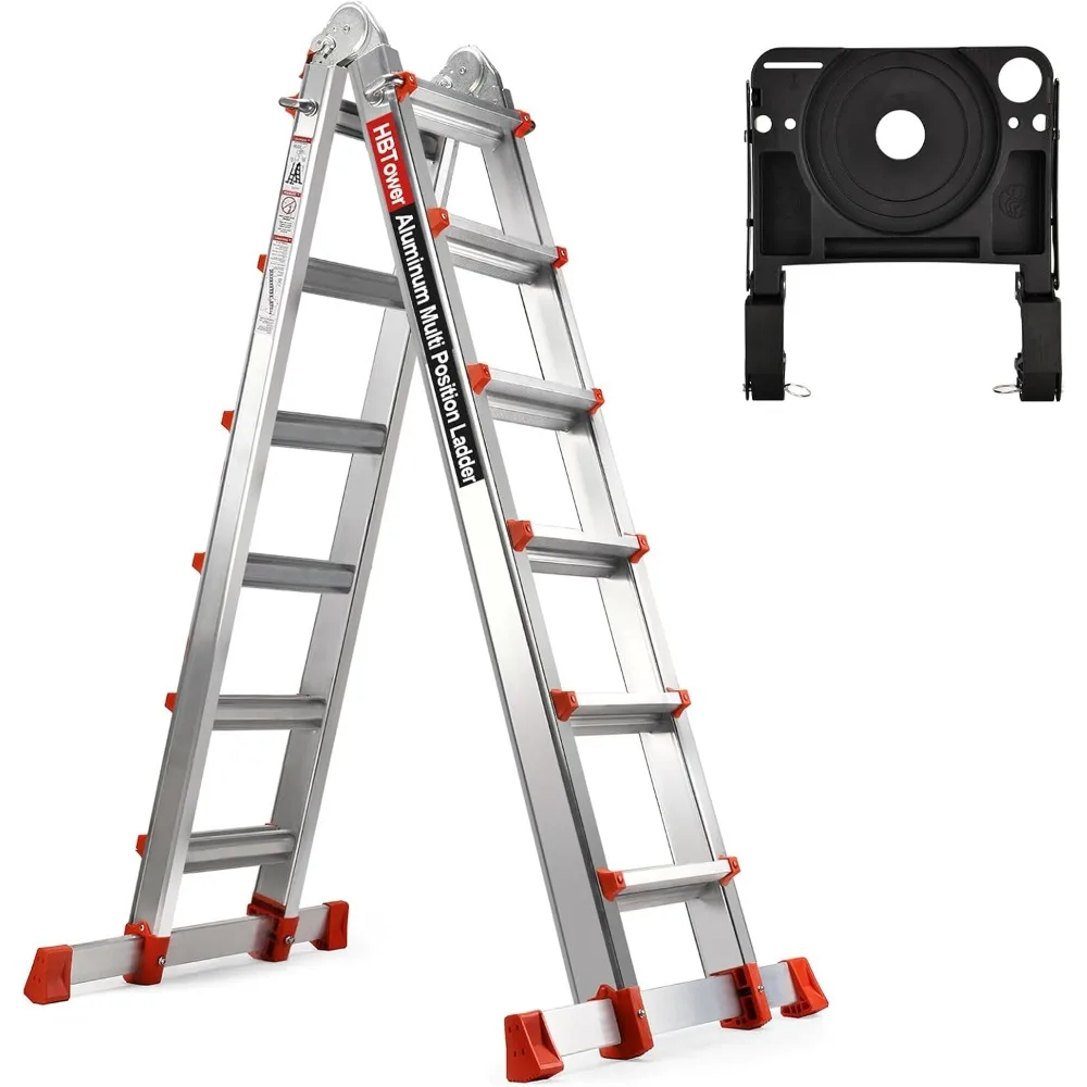 Ladder, A Frame 6 Step Extension 22 FT Multi Position Ladder with Removable Tool Tray and Stabilizer Bar, 300 lbs Safe Load