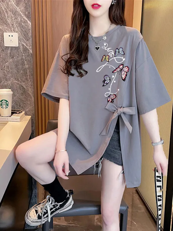 New Chinese Style  Knot Pure Cotton Short Sleeve T-Shirt Women Summer plus Size Loose Fit round Neck Top Korean Style