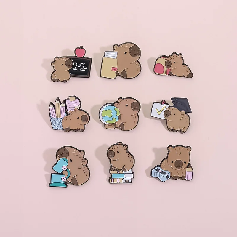 Cute Cartoon The Learning Loving Capybara Enamel Brooch Creative Animal School Supplies Lapel Pin Badge Gift For Kid Friend