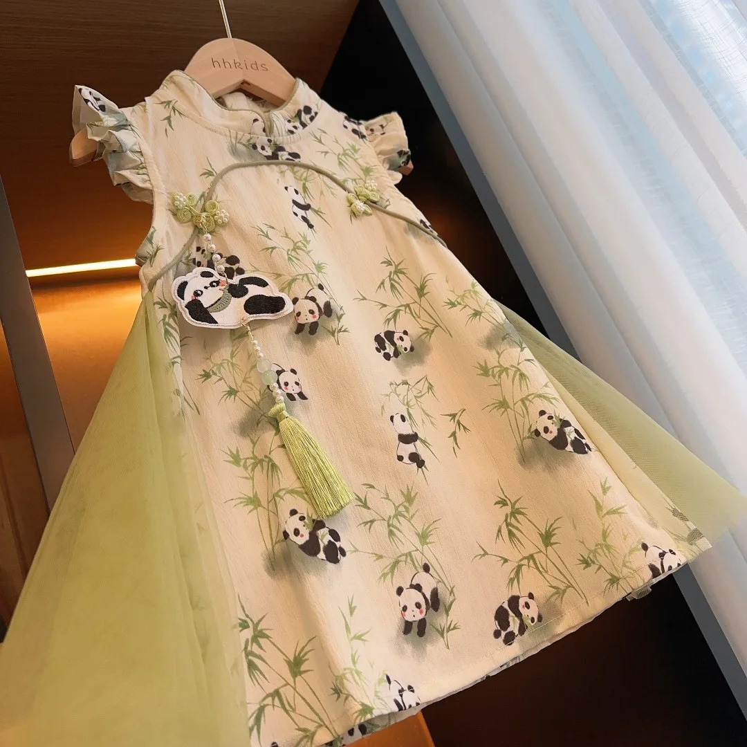 Girls\' Summer Dress 2024 New Baby Chinese Style Cheongsam Dress Little Girls Hanfu Children\'s Mesh Princess Dress