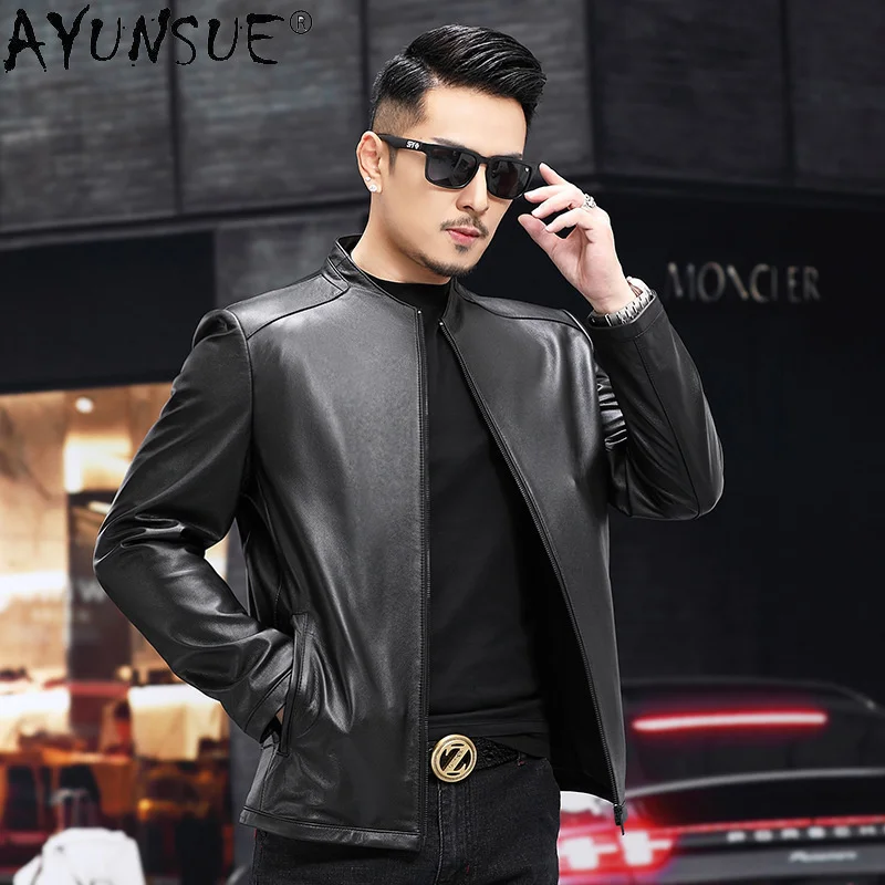 

Top Layer Cowhide Leather Jacket Men Standing Collar Casual Business Genuine Cow Jackets Man Black Coat