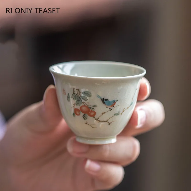 Retro Ceramic Teacup Portable Travel Meditation Cup Hand Painted Flower Pattern Tea Bowl Pu\'er Master Cup Tea Set Accessories
