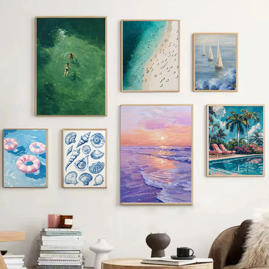 1pc frameless Canvas Painting Sailboats Coastal Hydrangeas Beach Pool Swim Palm Tree Poster Canvas Painting Print Wall Art Pictu