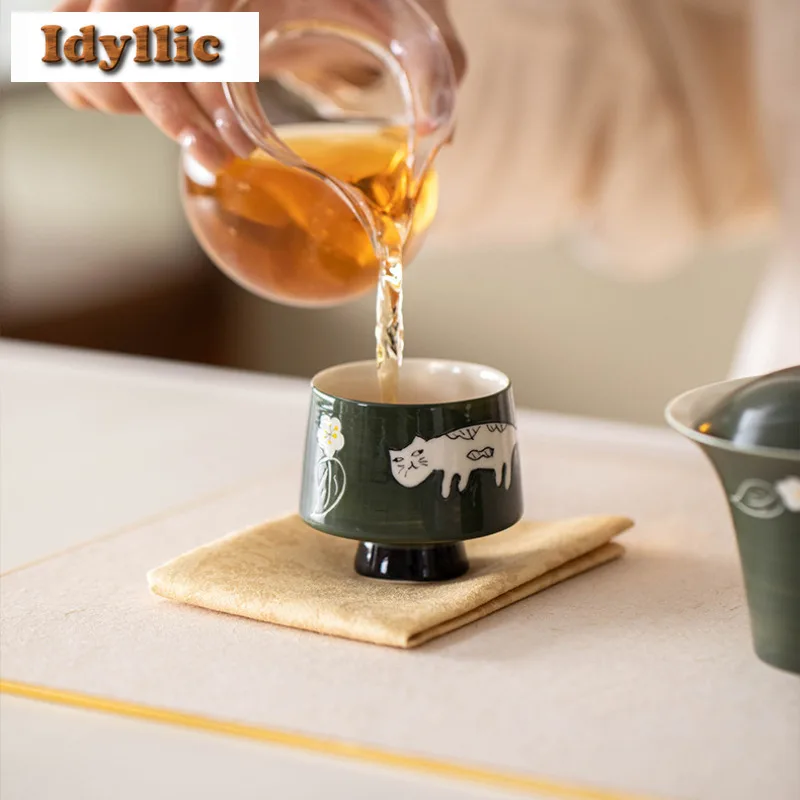 2pc/lot Powder Yin Hand-painted Fortune Cat Teacup Aesthetic Tea Bowl Tea Pair Tea-tasting Smelling Cup Jianzhan Master Cup 60ml