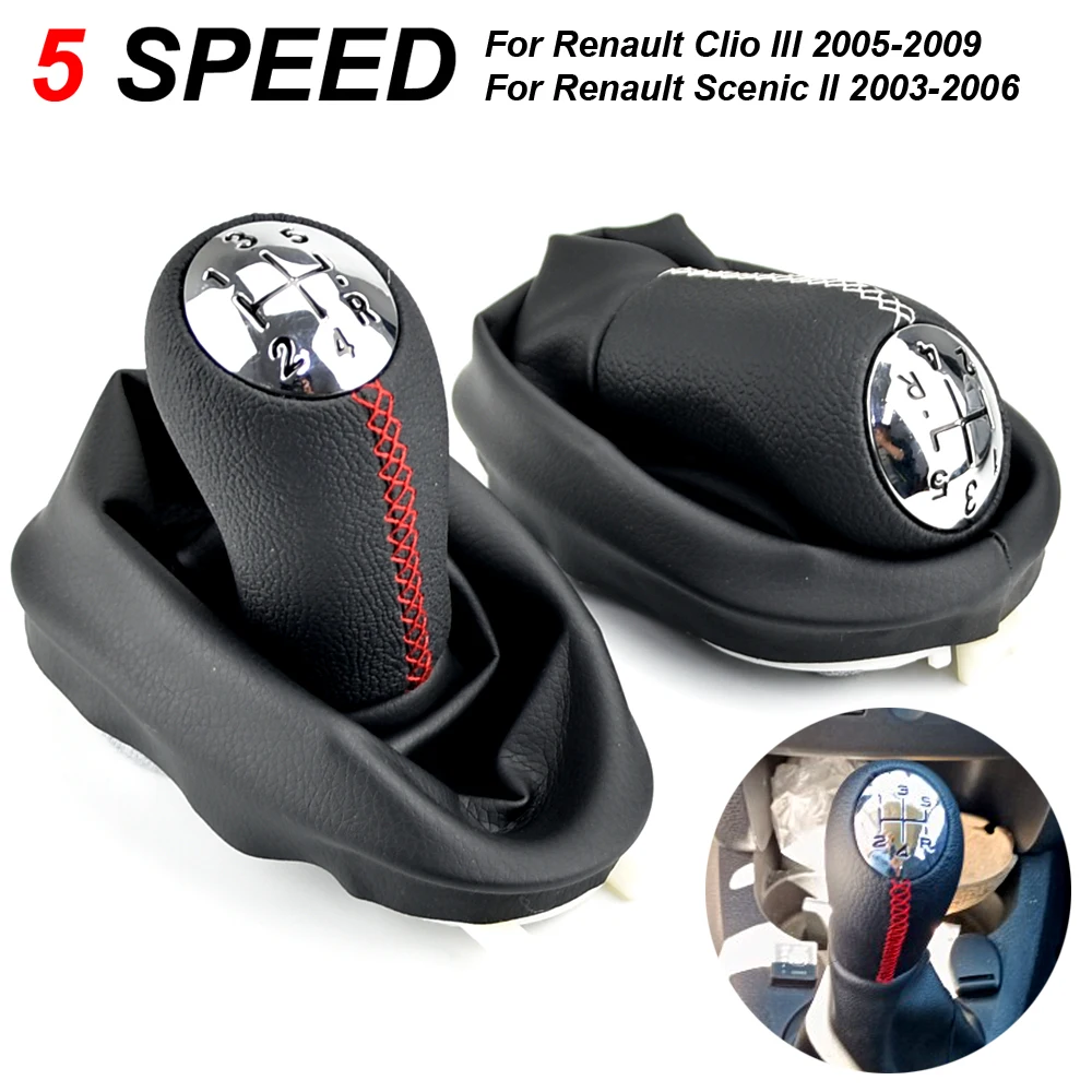 Black Gray Stitch Chromed MT Gear Shift Knob for Renault Scenic II MK2 Megane 2 Clio III Shifter Headball Pen Arm Upgrade