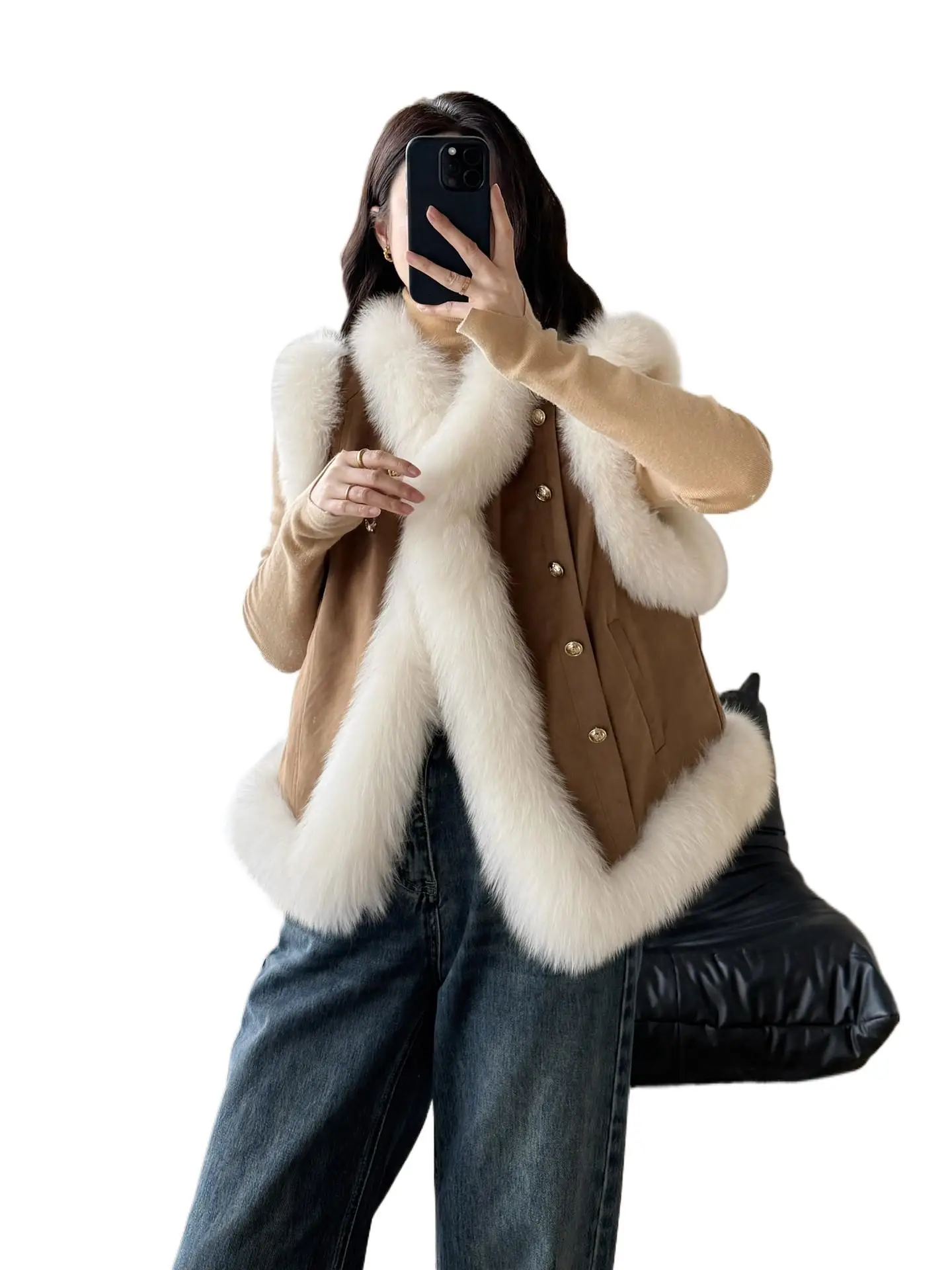 Maqi Duoduo 2025 Winter New Style Sweet and elegant short goose down inner liner fox fur vest for women