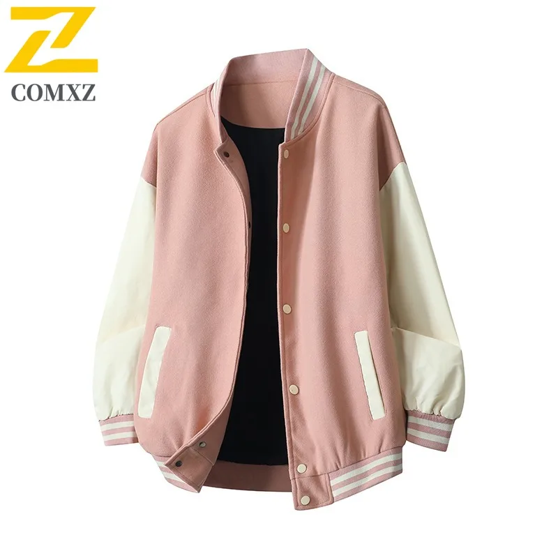 

COMXZ 2025 Men Women Baseball Jacket Tweed Leather Blend Loose Fit Hong Kong Style Casual Couple Fashion Coat