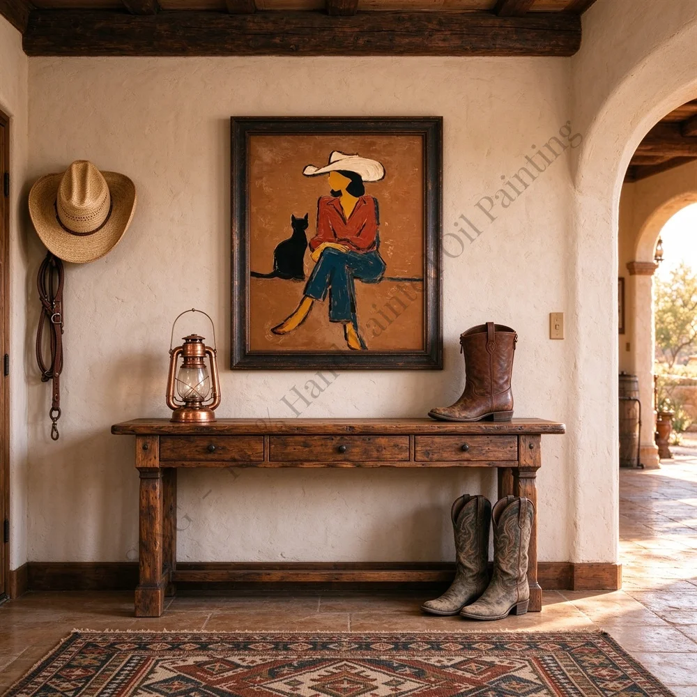 100% Hand Painted Oil Painting Canvas Wall Art Cowgirl Western Figure Beige Luxury Modern Textured Home Decor Living Room Art