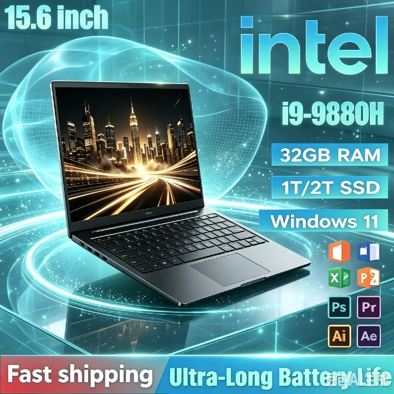 Lightweight New Ultra Thin 15.6" Notebook Computer Intel i9-9880H 32GB RAM 2TB Fast SSD 1080P HD Screen Home Office Game Laptop