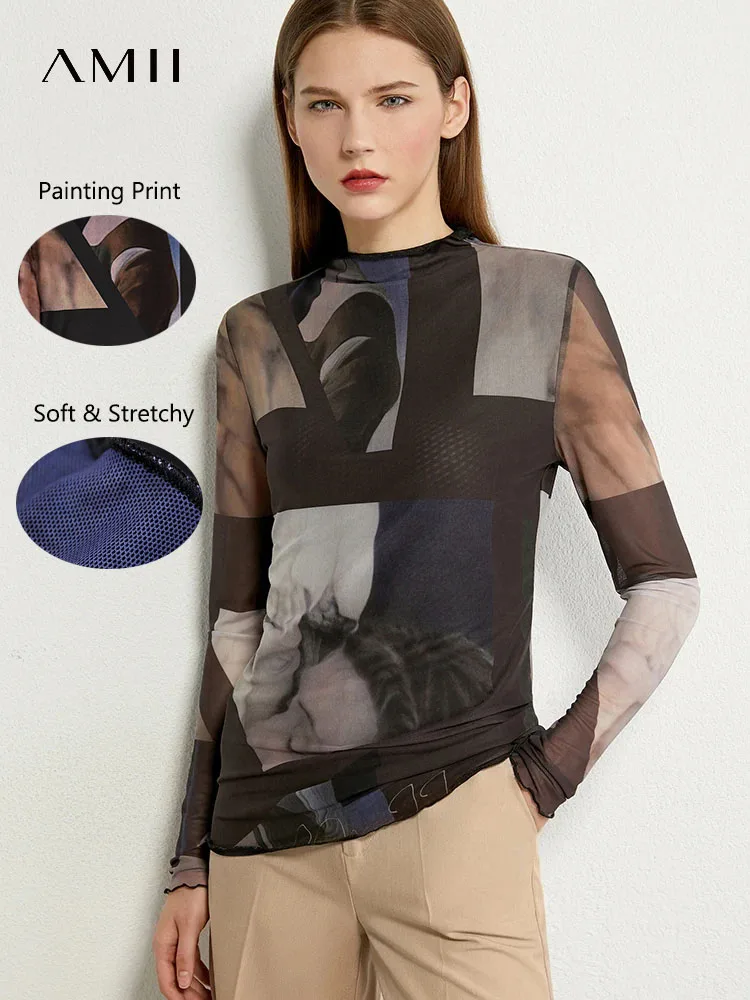 AMII Minimalism Long sleeve T-shirts for Women 2025 Spring New Bottoming Shirt Mesh Printing Inside Slim Trendy Tops 12421003