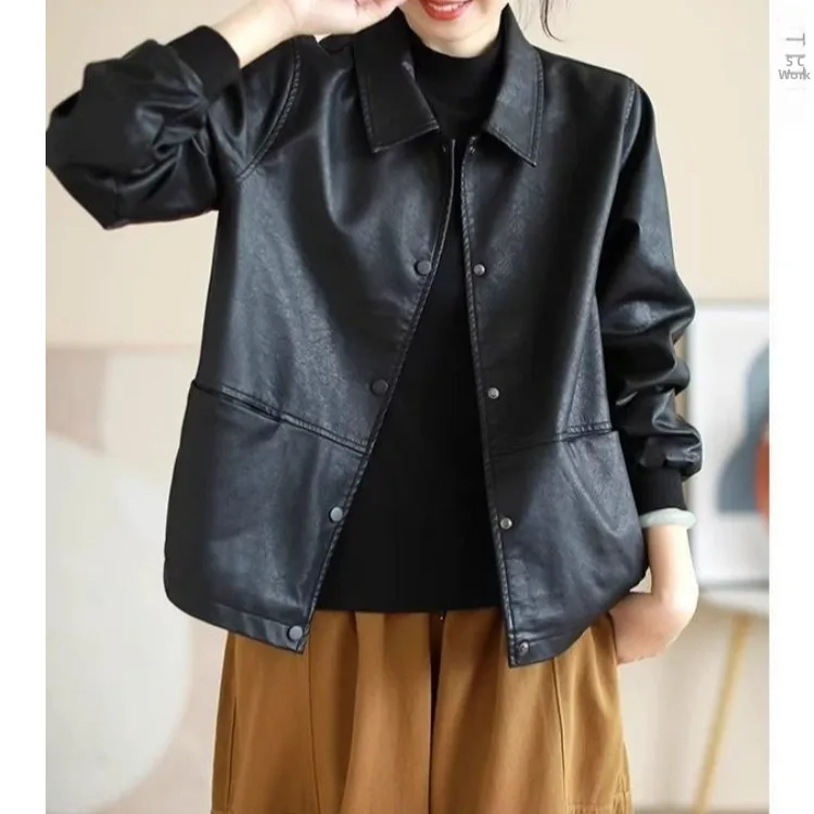 ربيع الخريف 2025 جديد Sle المرأة سترة جلدية فضفاضة عادية منتصف الحياة المرأة Faionable بولي معطف معطف جلد ort طول