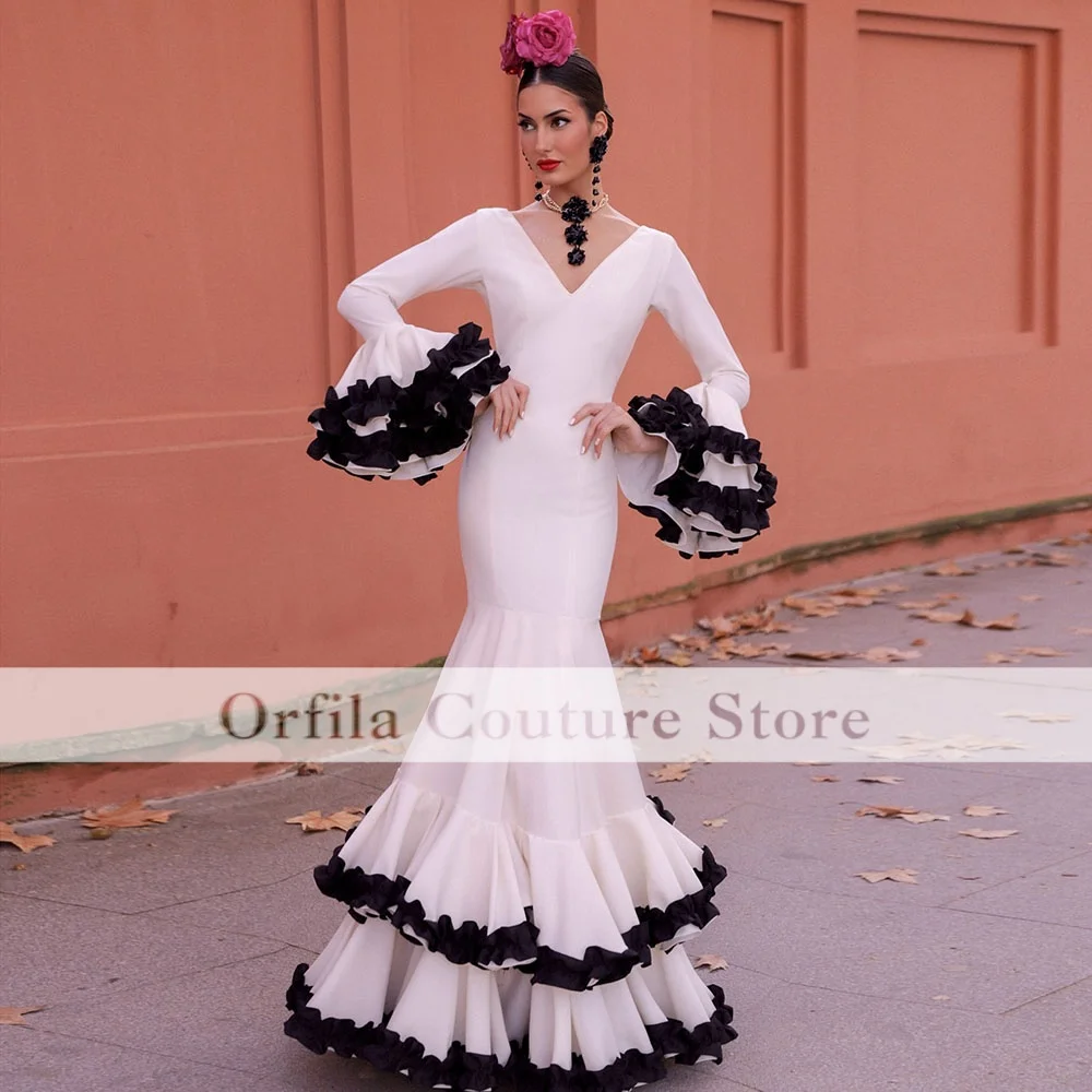 Gypsy Prom Dance Dress for Women White Formal Evening Dress Long Sleeves V Neck Ruffles Ceremony Party Gowns