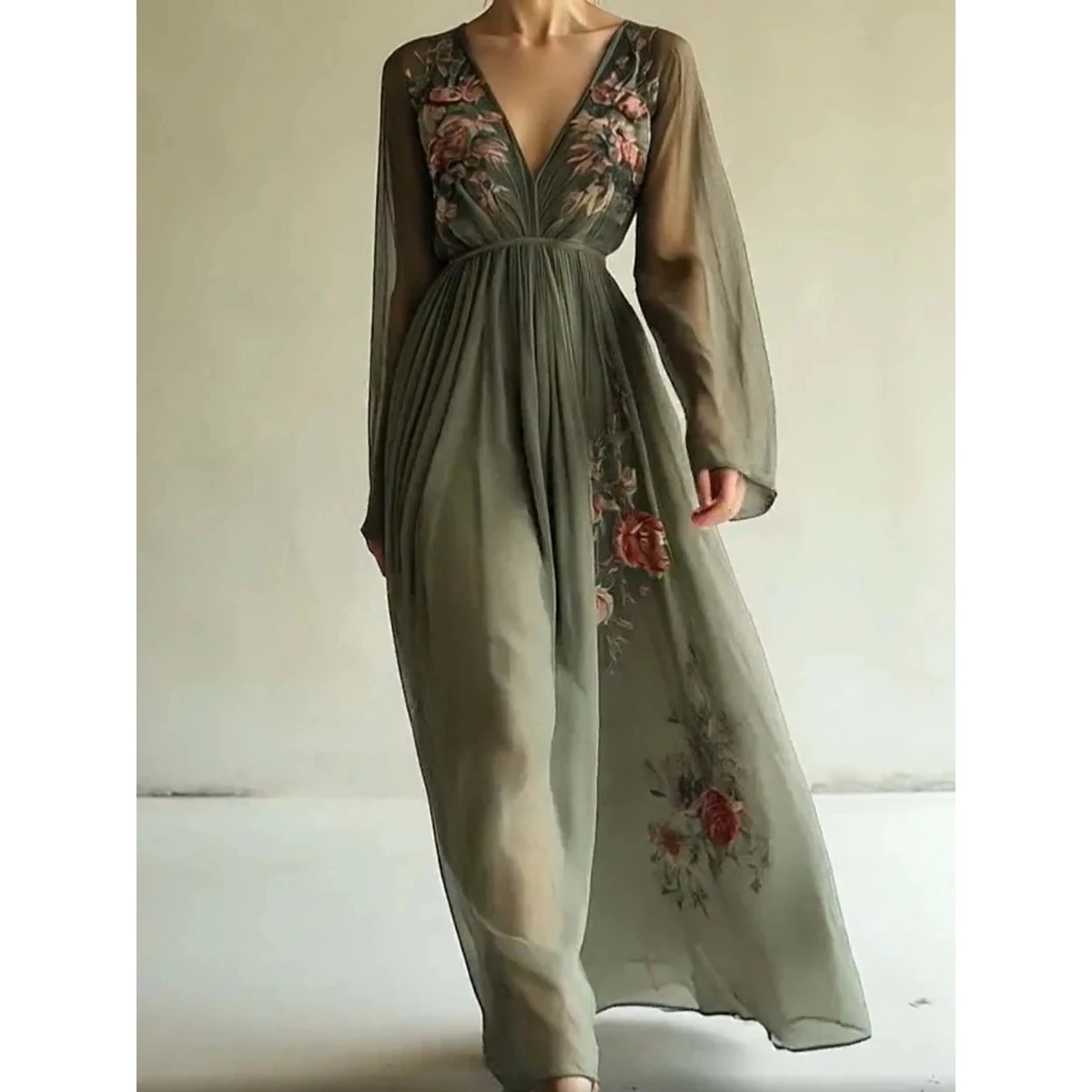 Long Sleeve V-Neck Maxi Dress Digital Positioning Printing Independent Station Women's Fashion Spring 2026 A-Line Gown