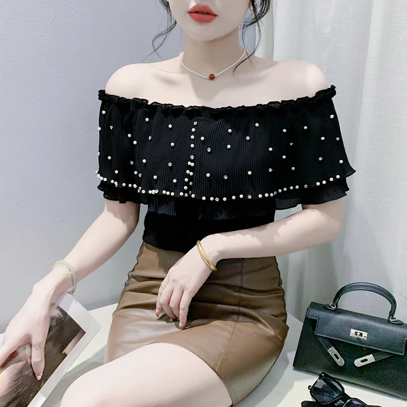 

Black Summer Korean Style Cotton T-Shirt Women Off Collar Shiny Diamonds Beading Ruffles Tops Short Sleeve Tees 2024 New 444301