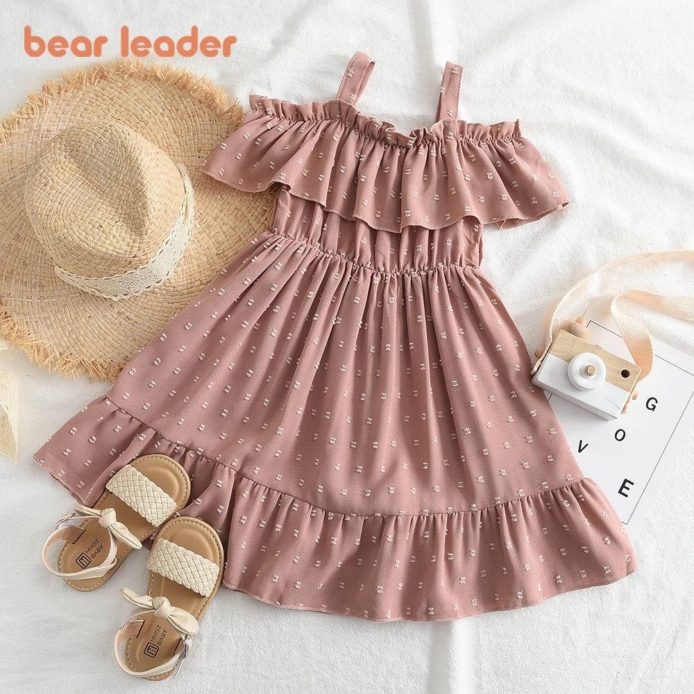 Bear Leader Jacquard Baby Girls Dresses Casual Ruffles Suspender Dress Kids Clothes Solid Color Boat Neck A-line Princess Dress