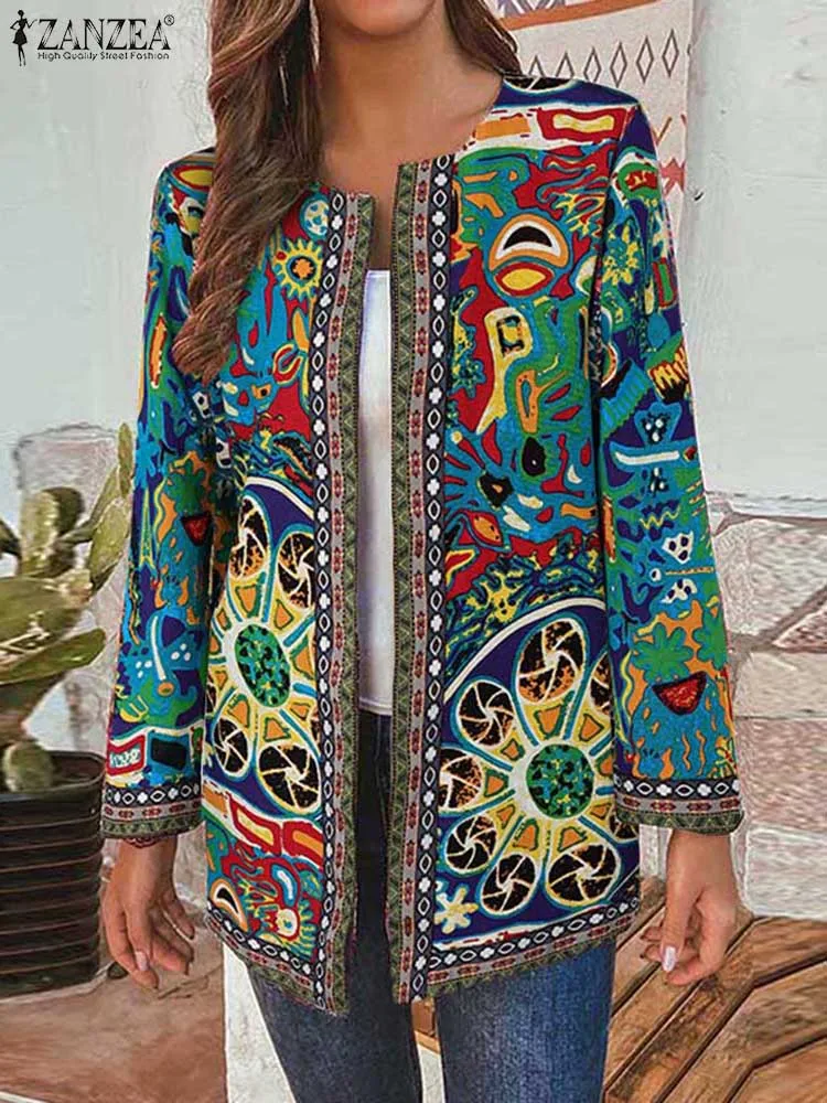 ZANZEA 2024 Fall O Neck Jackets Bohemian Long Sleeve Ethnic Print Women Cardigan Tops Casual Open Front Vintage Lined Outerwear