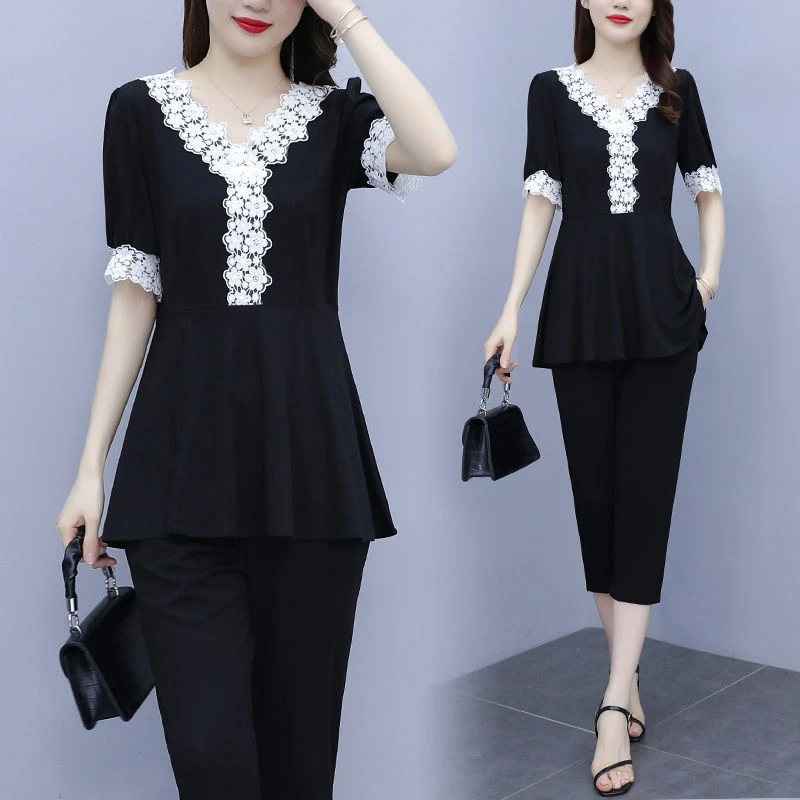 

Летний модный комплект из двух предметов: утягивающий топ и свободные брюки с высокой талией, большие размеры, женская одежда, комплект с завышенной талией и вставками, смесовая ткань из полиэстера