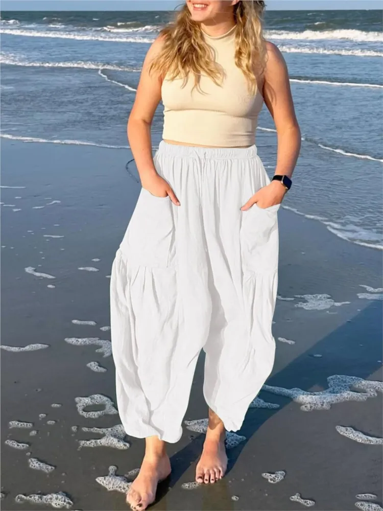 Plus Size Women's Trousers Linen Loose High Waist Drawstring Wide Leg Pants Casual Fake Daily Commuting Nine-point Pants Summer