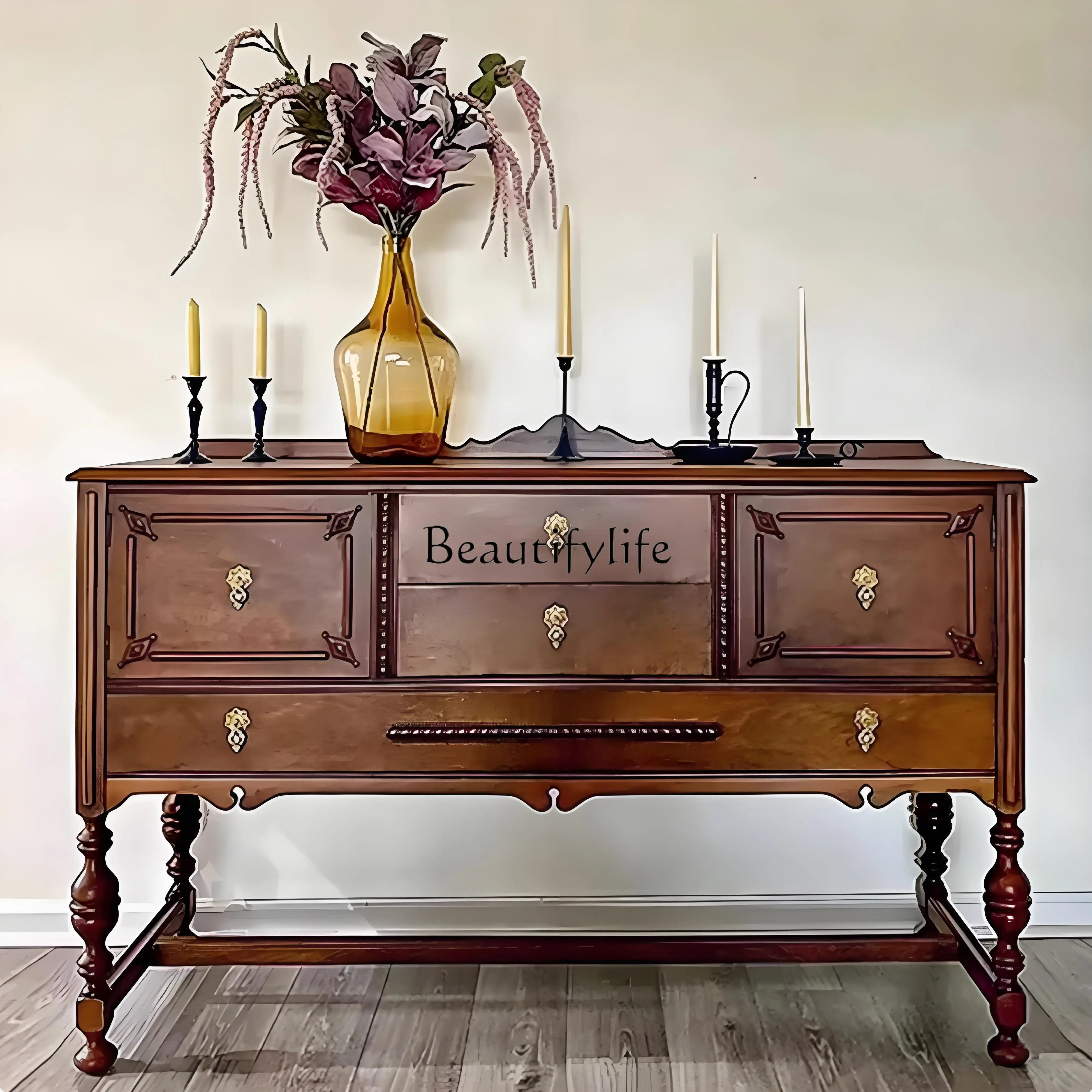

French Retro Solid Wood Entryway Wall-Mounted Sideboard Living Room High-End Carved Roman Column Light Luxury Sideboard