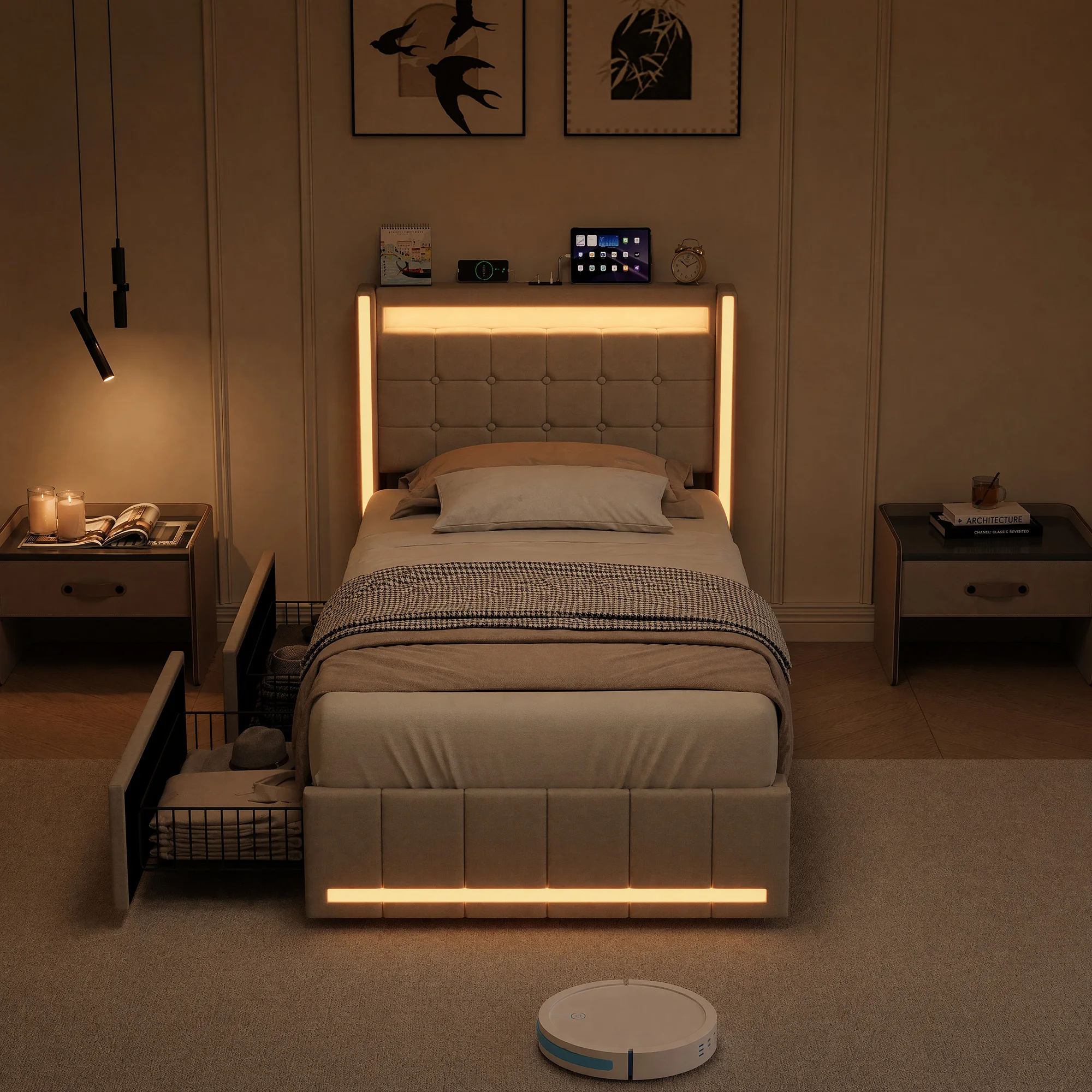 Upholstered Bed 90x200cm, Single Bed With Storage Space And LED Lighting, Youth Bed/Guest Bed, Slatted Bed Frame, With Storage Box, Beige/Grey, Linen,Without Mattress