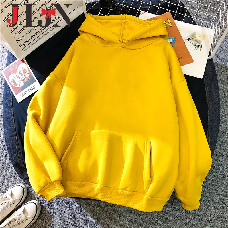 

Korean Hoodies For Women Hooded Pullovers Solid Color Tops Loose Hoodies With Kangaroo Pocket Long Sleeves Hot Selling Outerwear