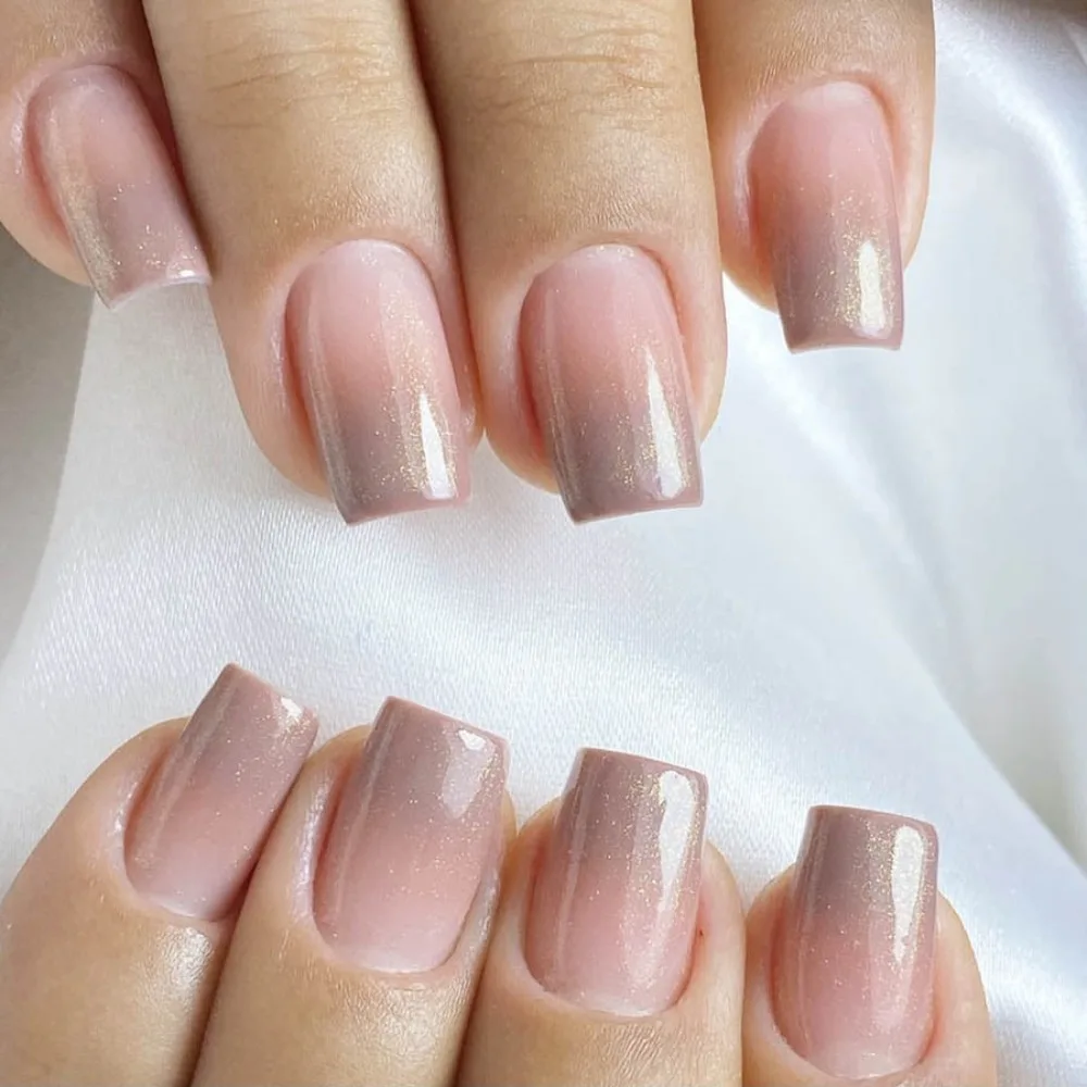 Destacável wearable manicure francês unhas falsas flash cor nude gradiente imprensa em unhas cobertura completa cabeça quadrada unhas falsas feminino