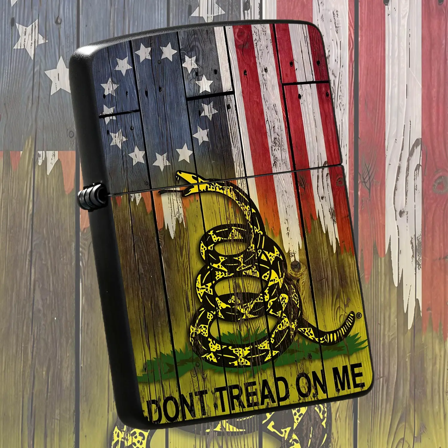 Vintage Dont Tread On Me American Flag Themed Portable Lighter Rustic Wooden Board Style Art Print Sleek Carry Accessory For Daily Travel Outdoor Camping Hiking Business Trip Multi Scenario Use Ideal Thoughtful Gift Fo A Humorous And Intere