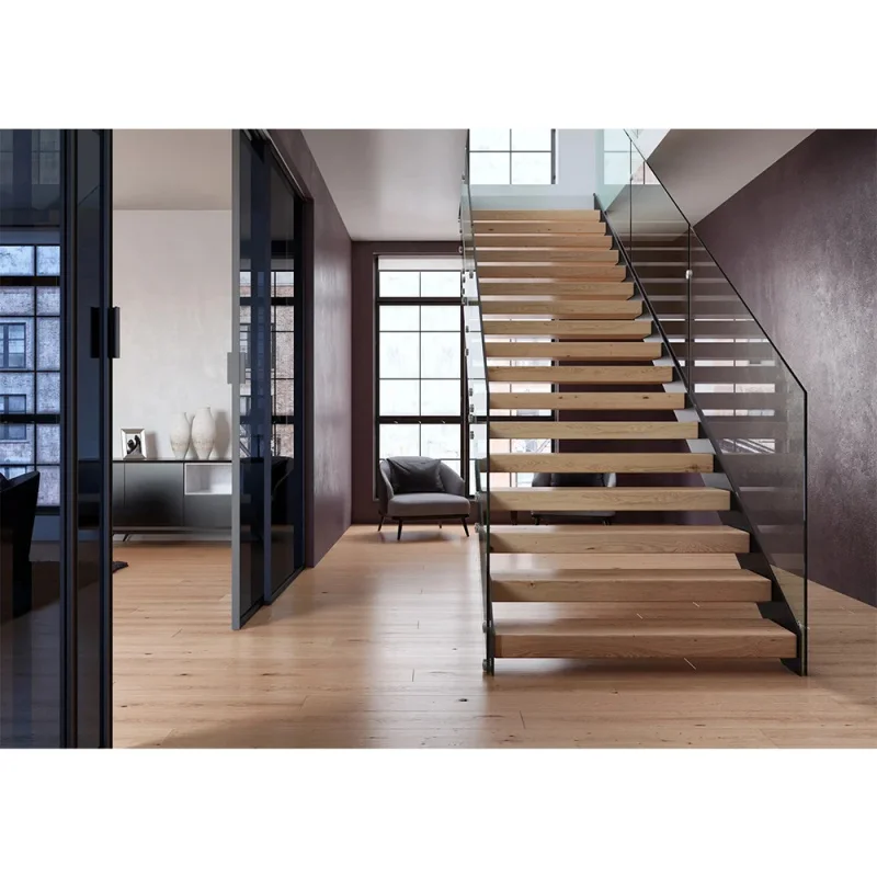 custom.Solid Timber Step Staircase Metal Straight Double Beam Stairs Glass Railing System Stair