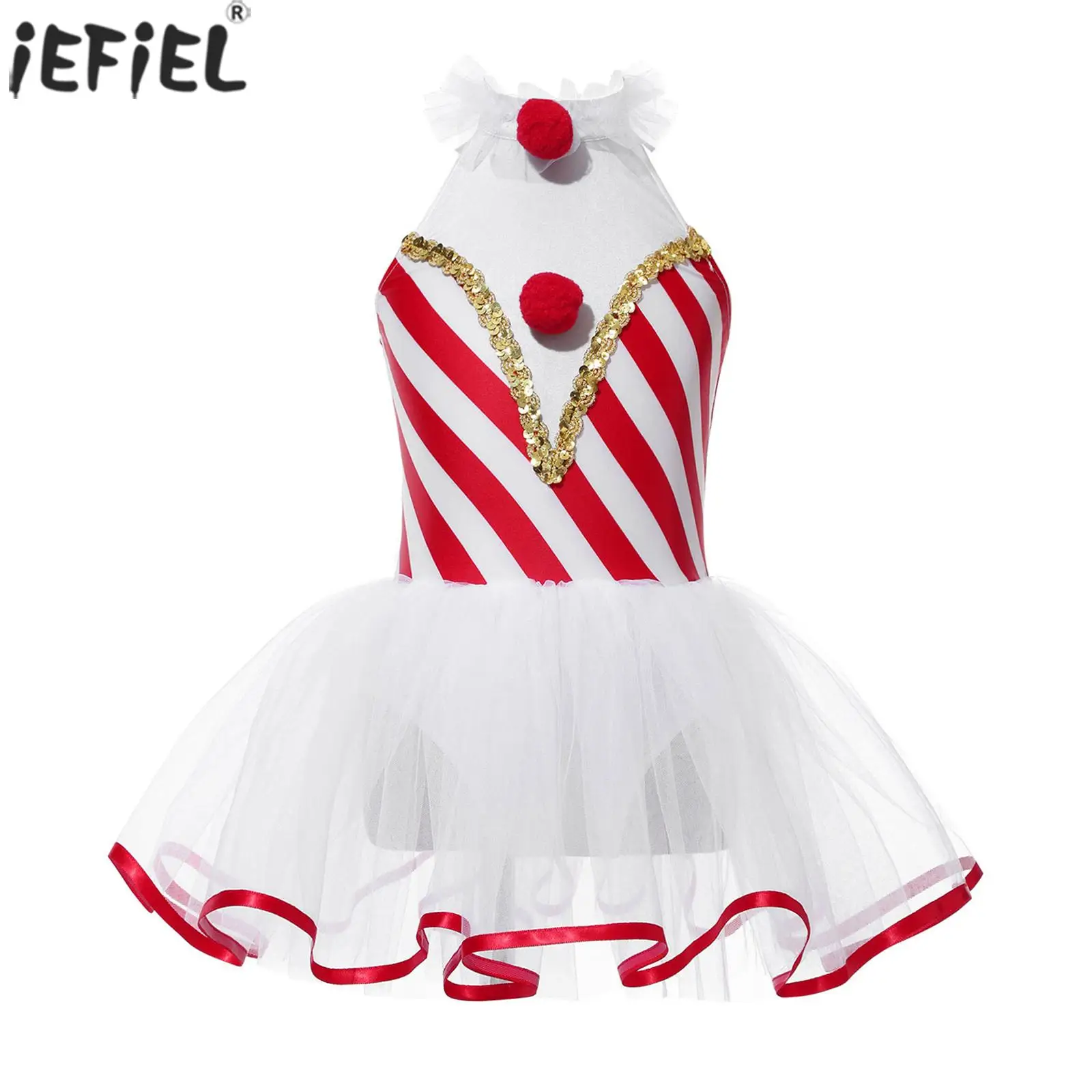 Kids Girls Christmas Dance Costume Xmas Party Candy Cane Dress Sleeveless Stripes Ballet Tutu Leotard for Cosplay Performance