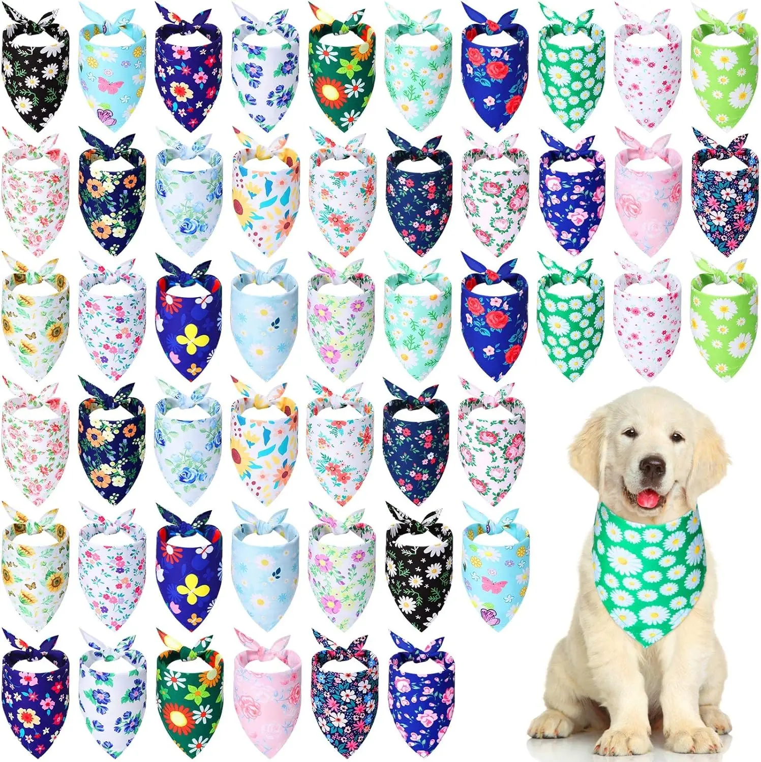 20Pack Flower Floral Dog Bandanas Spring Bee Polyester Triangle Dog Scarf with Flower Patterns for Small Medium Large Dog Pet