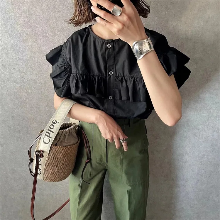 

Sweet Japanese Sle Striped irt Women's Loose Casual Summer Top Bloomer Gathered Wood Ear Casual Trendy Blouse