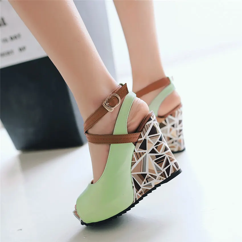 Pink Blue Woman Platform Wedge Sandals High Thick Heel Casual Party Sweet Lady Summer Cross Ankle Strap Peep Toe Gladiator Shoes