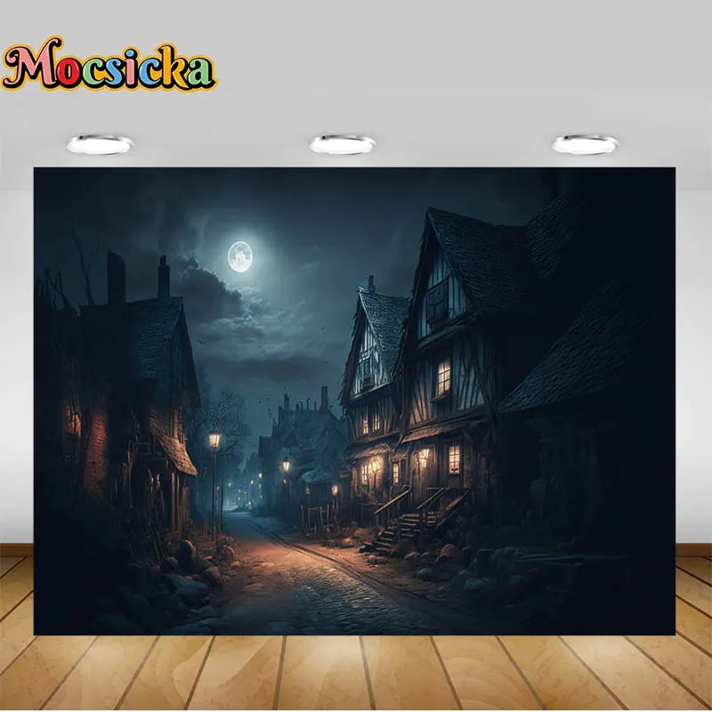 Halloween Night Background with Haunted House Night Dark Fantasy Village Moonlight Spooky Backdrop for Photography Photozone