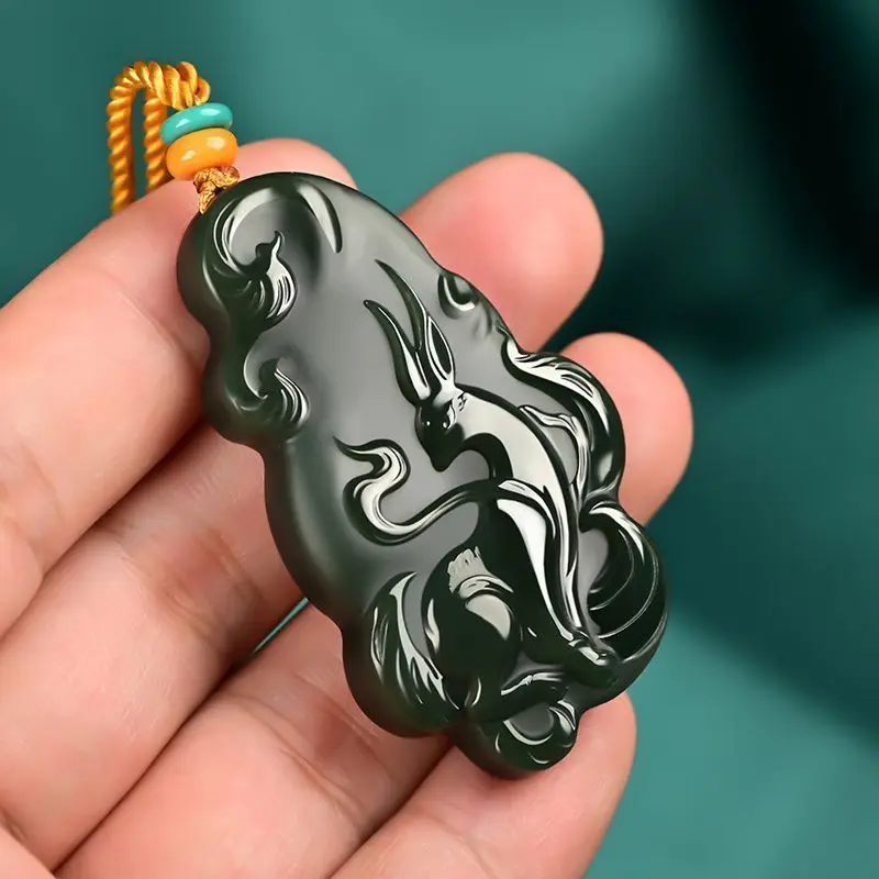 

Natural Hetian Yuqing Brand Nine-tailed Fox Pendant Men's and Women's Jade Pendant Handicraft Jade Pendant Black Suet Fox