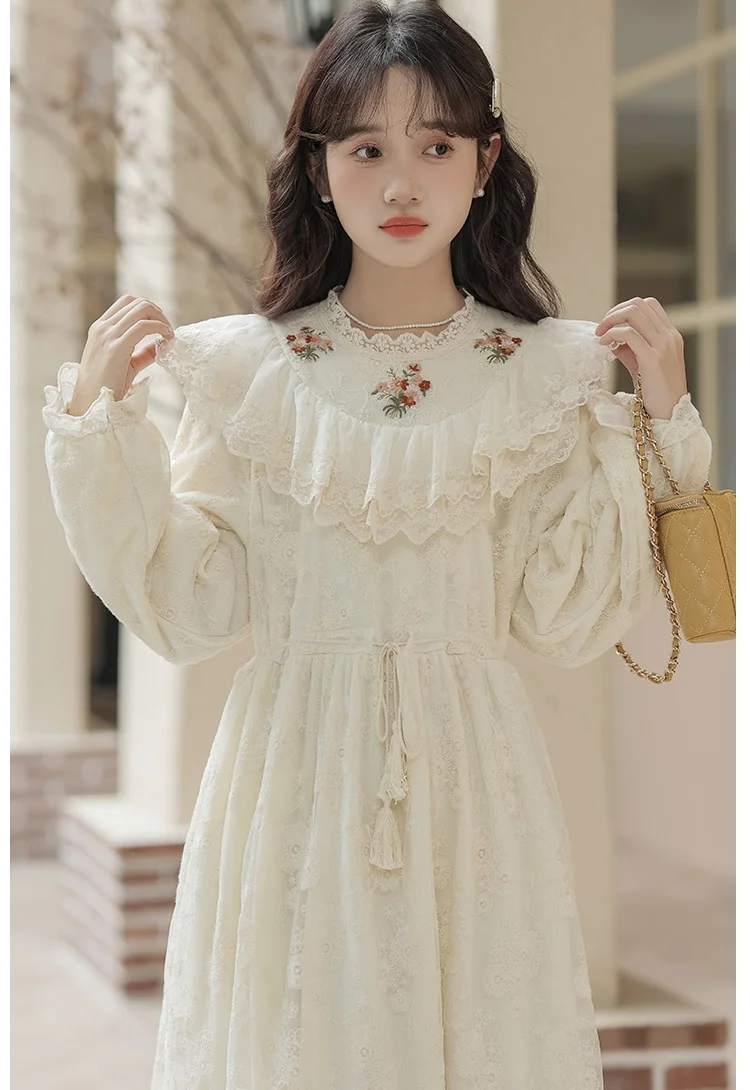 Japanese Mori Girl Style Lace Dress Woman Retro Ruffles Embroidery Petal Sleeve Loose Casual Draw String Romantic Fairy Dresses