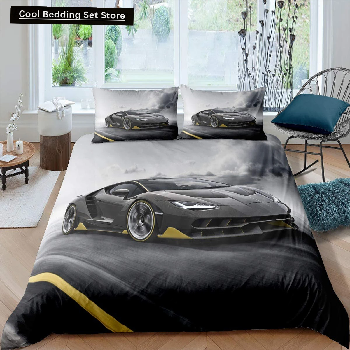 

Race Car King Queen Duvet Cover Cool Speed Racing Bedding Set Teens Men Black Sport Car Quilt Cover Polyester Comforter Cover