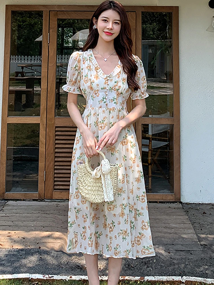 2025 Boho floreale chiffon manica a sbuffo increspato scollo a V abito longuette estate casual vestito da festa donna moda coreana abiti eleganti