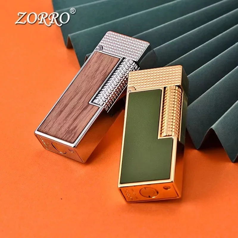 ZORRO Metal Narrow Edition Side Pulley Ignite Open Fire Kerosene Lighter Large Capacity Oil Bin Leather Yellow Pear Wood Process