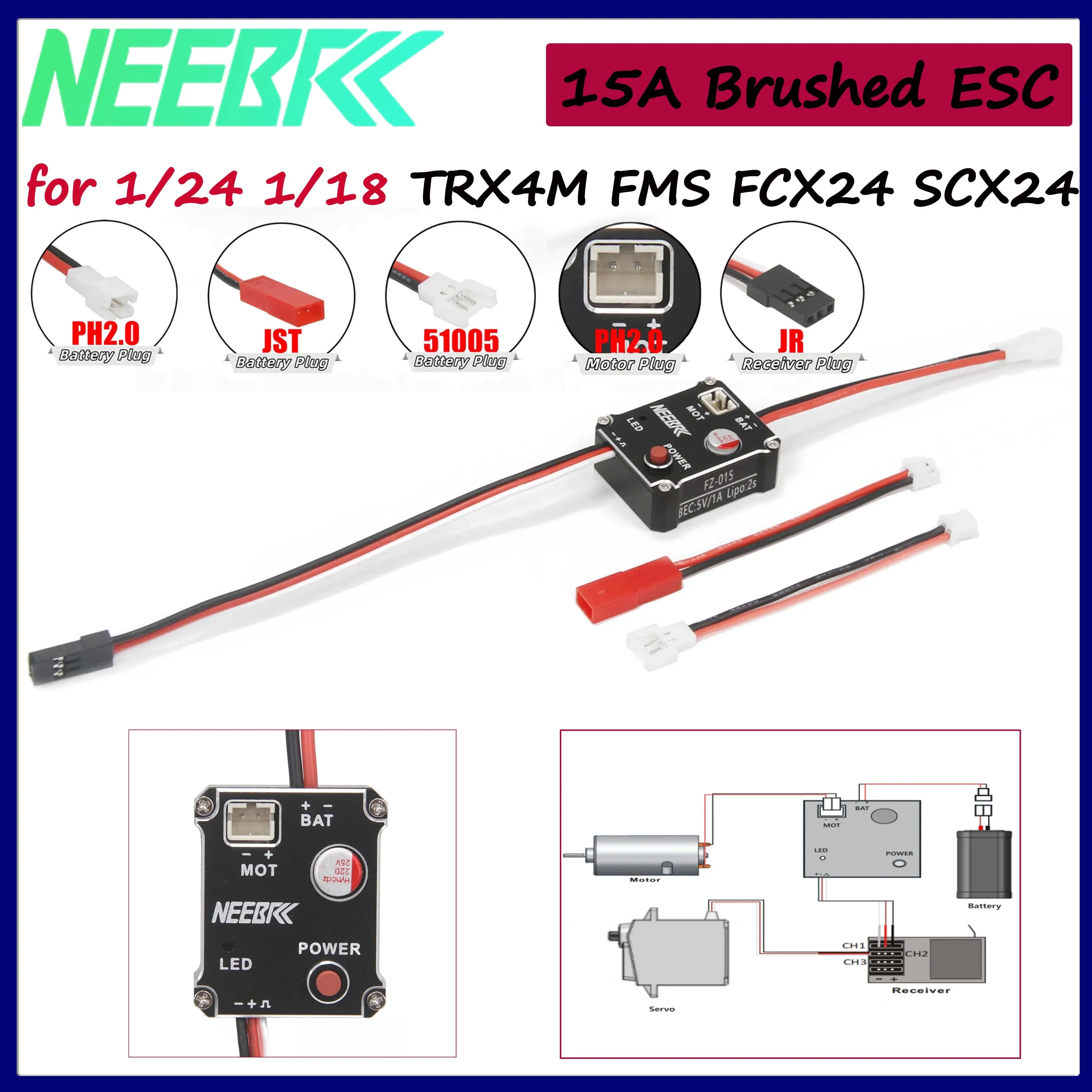 

NEEBRC 15A Brushed 2S ESC 5V 1A BEC for 1/24 1/18 Climbing Drift Off-road Mini Car Crawler SCX24 Trx4m 030/050/130/180 Motor