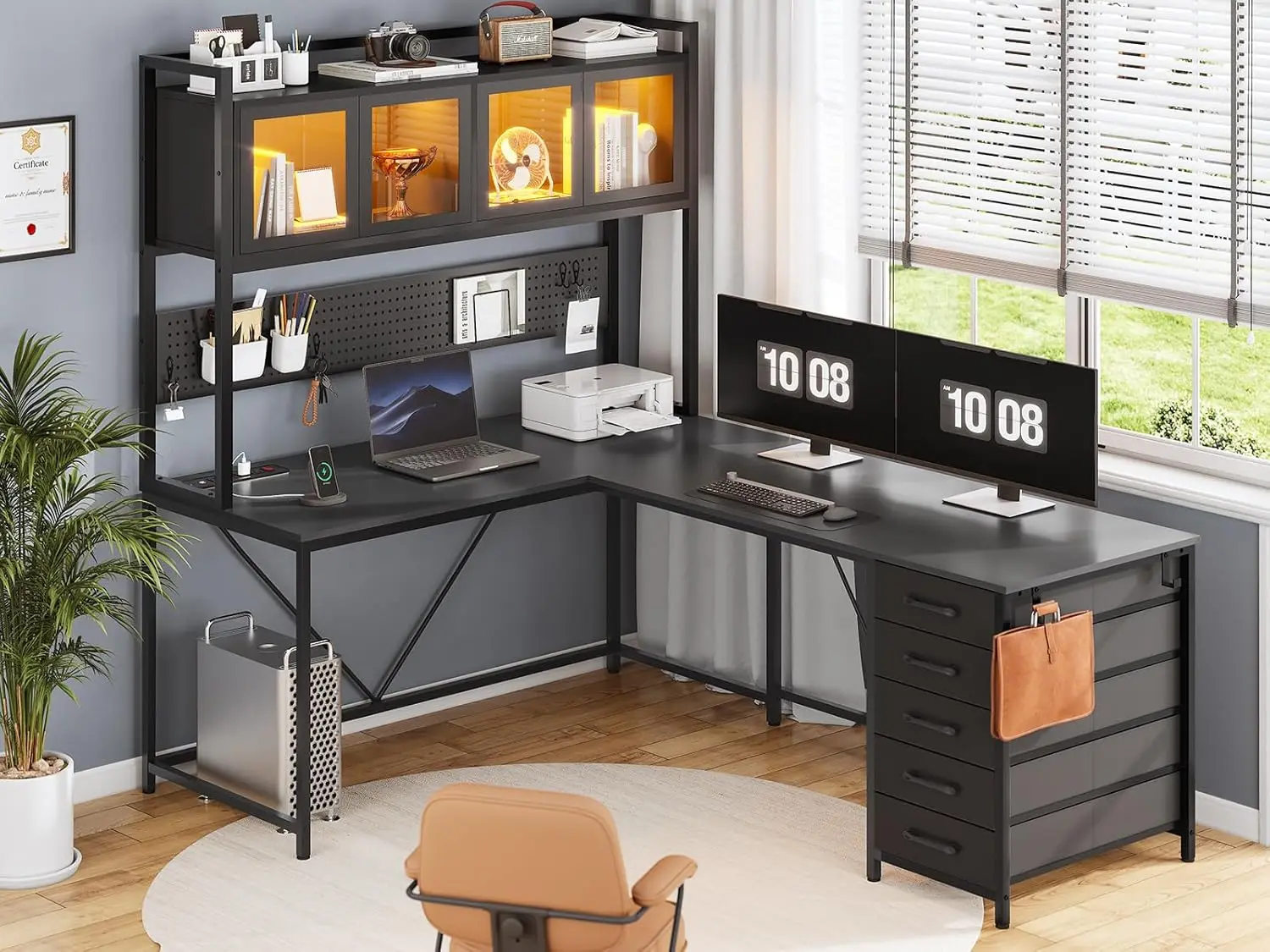 SEDETA L Shaped Gaming Desk with Drawers, L Shaped Computer Desk with Hutch and Storage Shelves, Gaming Desk with Pegboard,