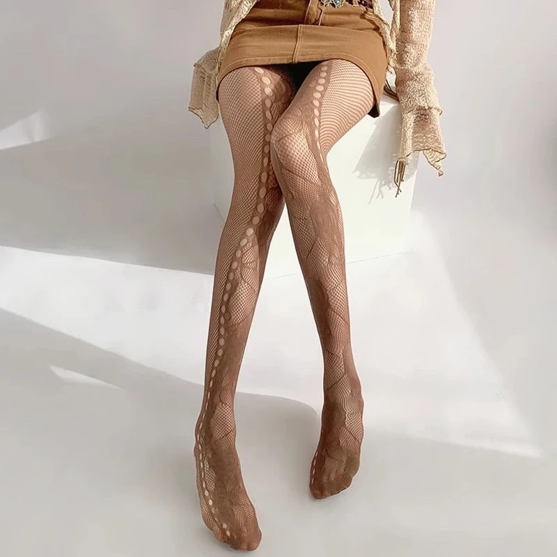 Francês romântico oco malha calças justas, desejo puro Jacquard Pantyhose, macio versátil caramelo cor meias, legal personalidade