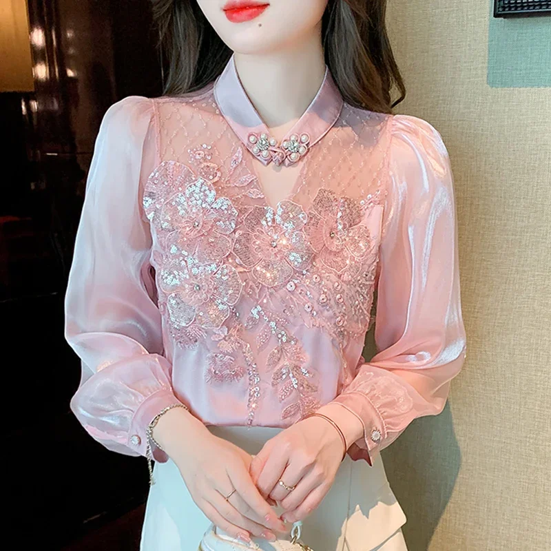 Beautiful Design Western Style Small Shirt 2024 Spring and Autumn New Women's Long Sleeve Chiffon Shirt with Button Top