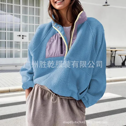Roupas De Inverno Feminina Mulher Лоскутный плюшевый пуловер женский новый свободный пуловер на молнии с пуговицами однотонный модный свитшот пуловер