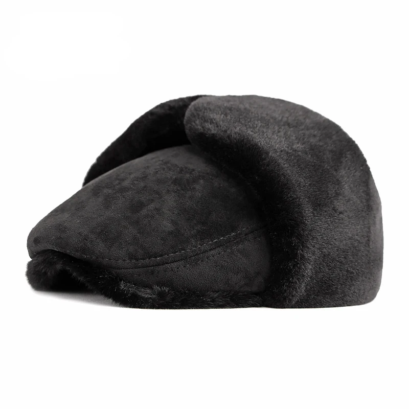 Winter Men's Cap Plush Thicken Berets Hat With Ear flap Duckbill Newsboy Middle Aged Elderly Herringbone Flat Peaked Hat Male - Image 2