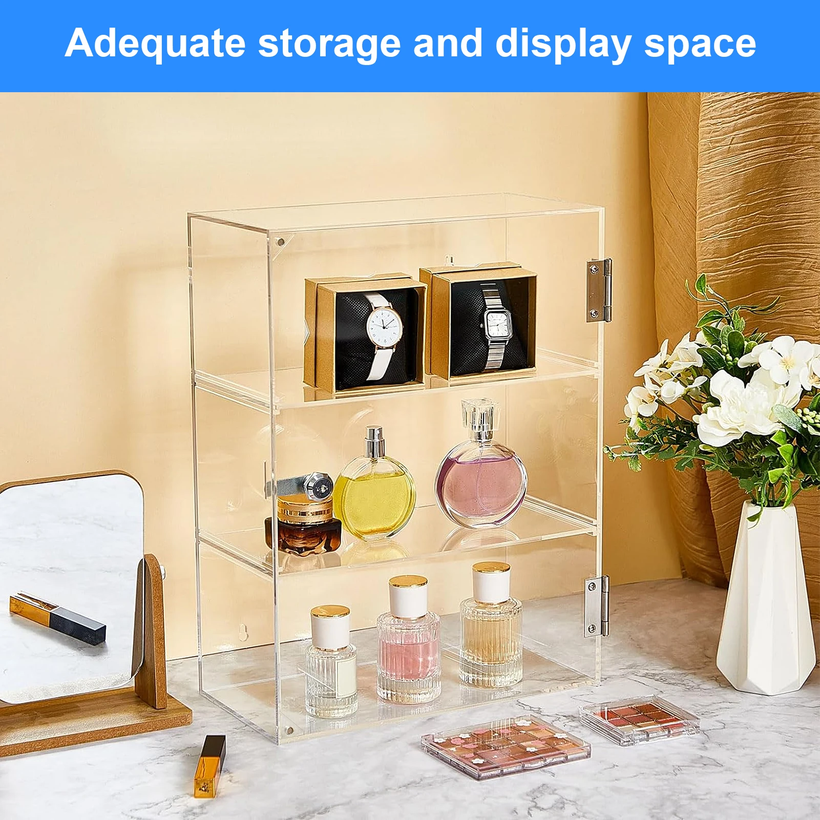 Acrylic Display Case with Shelves 3-Tier Clear Countertop Showcase with Lock Key for Collection Locking Storage Shelf