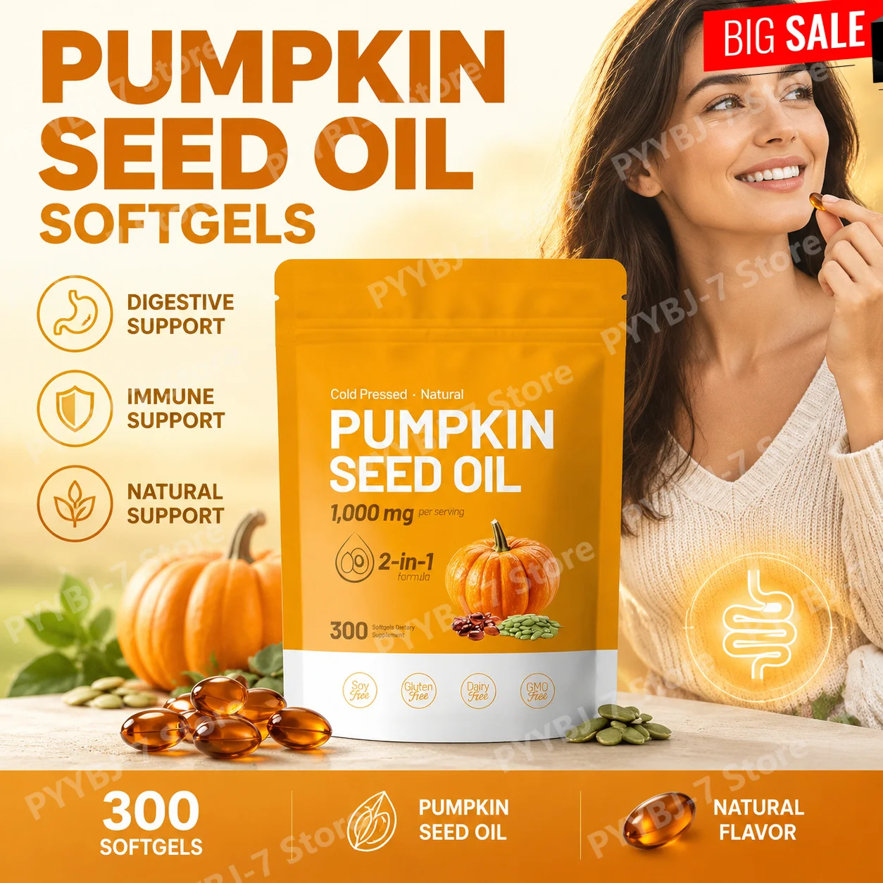 Pumpkin Seed Oil Capsules Cold Pressed Pure Virgin Oil Essential Fatty Acids Phytosterols 300 Softgels Supports Hair Non GMO