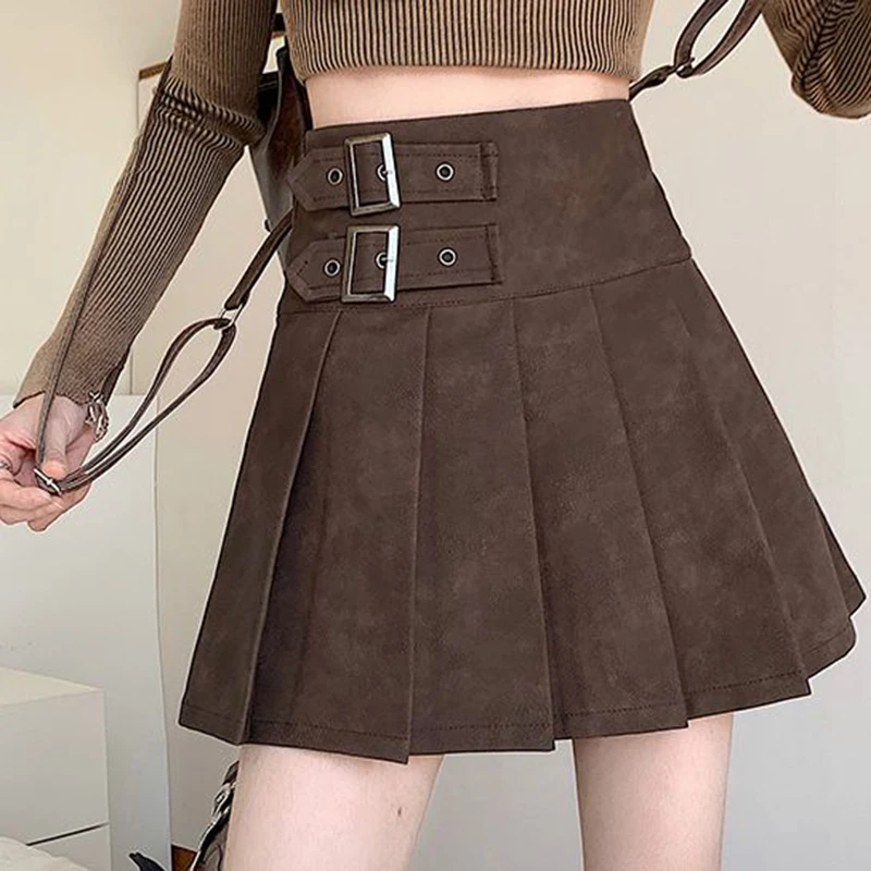 High waisted spicy girl style midi skirt for women in autumn,  pleated skirt  leather  Regulai Fit  korean fashion clothing