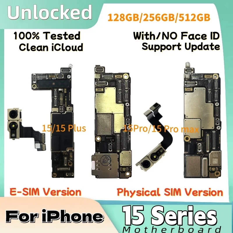 Placa base auténtica 100% desbloqueada para iPhone 15 Pro Max, placa lógica iCloud limpia para iPhone 15 Plus con/sin placa base de identificación facial