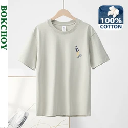 2024 Summer New Boy Printed Pure Cotton Men T-shirts Short Sleeve Casual Solid Color Simple Thin Men Tops BOK0132